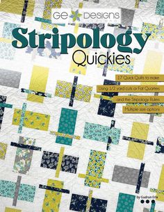 the cover of an article about stripoloy quilts, featuring blocks in blue and yellow