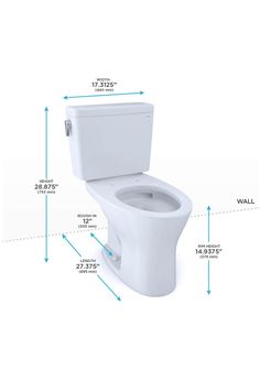 a toilet with measurements for the seat and lid up to it's right side