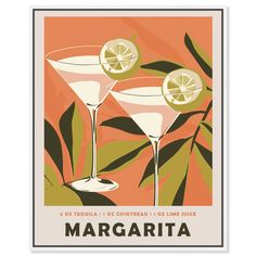 two martinis with lime slices on the rim are shown in this retro style poster