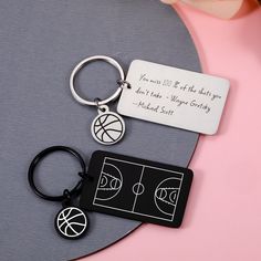 a keychain that has a basketball court on it and a name tag attached to it