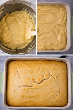 three pictures showing how to make the batter in a cake pan and then adding it to an unbaked loaf