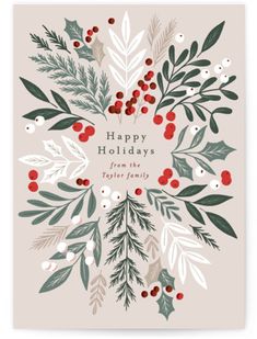 a holiday card with holly and berries