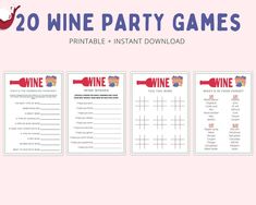 two wine party games are shown with the words wine on them and an image of a bottle