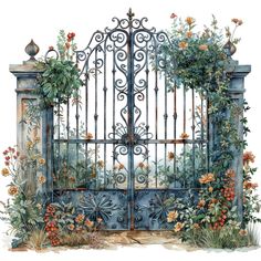 a painting of an iron gate with flowers and plants growing out of the top bars