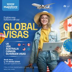 a woman in a hat is holding a laptop and standing next to luggage with the words global visa on it