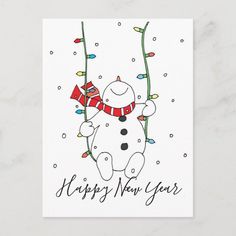 a white card with a snowman on it and the words happy new year written in black