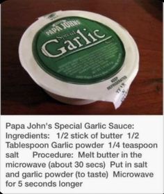 an advertisement for garlic sauce on a wooden table with instructions about how to use it