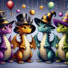 three dragon wearing witches hats and balloons