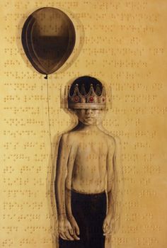 a painting of a boy with a crown on his head and balloon in the air