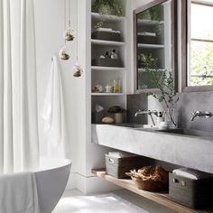 a bathroom with a sink, mirror and shelves filled with plants in it's corner