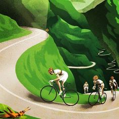 a painting of people riding bicycles on a road with mountains in the background and grass growing all around