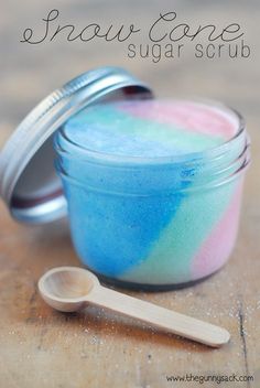 there are several pictures of how to make homemade sugar scrubs in mason jars with spoons