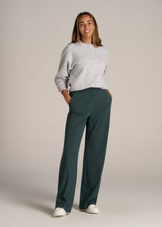 About Our Flat Front Wide Leg Dress Pants for Tall Women Ultra-flattering and easy to wear, these women's tall dress pants are a closet essential. They feature a smooth front with a contoured waistband for a complimentary finish. Pleated accents at the front and back elongate your legs and make them easy to wear from the desk to dinner. Built with a stretch-infused polyester-viscose blend, these pants for tall women offer the sleek feel of a suit with the comfort of a lounge pant. An elastic at Pants For Tall Women, Womens Winter Pants, Long Knife, Best Work Pants, Pleated Dress Pants, Tall Dress, Slacks For Women, Clothing For Tall Women, Tall Dresses