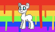 a pixelated image of a little white pony standing in front of a rainbow background