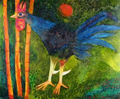 a painting of a rooster standing next to carrots