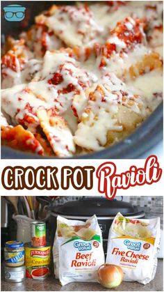 crock pot ravioli with cheese and tomato sauce is an easy dinner recipe that's ready in under 30 minutes