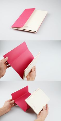 three different views of a hand holding an open book with red paper on the pages