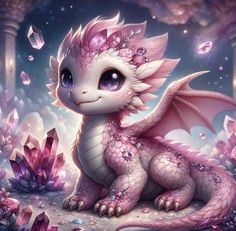 a little pink dragon sitting on top of a pile of rocks next to some crystals