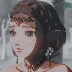 an animated image of a woman with brown hair and jewelry on her head, looking at the camera