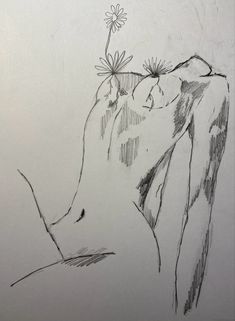 a black and white drawing of a woman with flowers on her head