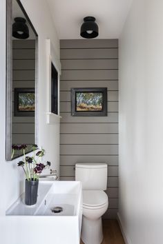 a white toilet sitting next to a bathroom sink under a framed picture on the wall