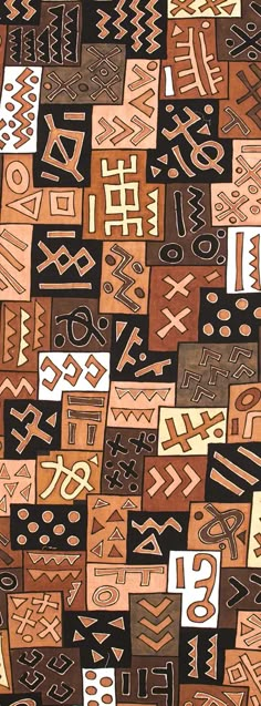 an abstract pattern made up of different types of letters and numbers on brown, black, tan and white fabric