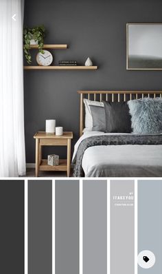 a bedroom with gray walls, white curtains and grey bedding in the center is a wooden