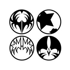 four black and white circular designs on a white background, each with an arrow in the center