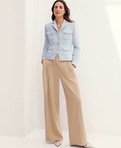 This flattering pant features an easy fit through the thigh and front pleats for extra ease of movement. Front zip with double hook-and-bar closure. Belt loops. Front pleats. Front on-seam pockets. Back besom pockets.,Leg Shape:Leg Shape: Wide Leg – a modern must-have with a statement leg and flattering high waist,Rise:High rise: sits 1/2" to 1" below natural waist,Imported:Imported,Fit:Fit: Relaxed & easy,Length:Full length: 32" inseam with 27" leg opening,Fabrication:73% Polyester, 20% Rayon, Flare Sleeve Sweater, Flattering Pants, Knitted Suit, Twill Jacket, Wardrobe Edit, Wide Leg Pant, Trendy Clothes For Women, Office Outfits, Waist Length