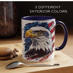 a coffee mug with an eagle painted on it and the words, 3 different interior colors