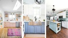 three pictures of different kitchen cabinets in various styles and colors, one with open shelving