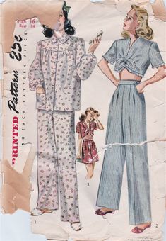 "1940's Vintage Pajama Sewing Pattern Simplicity 2208 Cut & Complete Lined Pattern Circa 1947 Misses' and Women's Long and Short Pajamas: The trousers, styled with pleats at front and back waistline, are joined to a waistband which buttons at left side in Style I, a curved shoulder yoke releases soft fullness in front and back of pajama top. It has a front-button closing, round collar and long bishop sleeves. There is a pocket on left side. Style II has a lace trimmed midriff top which ties in a 40s Pajamas, 1940s Sewing Patterns, 50s Pajamas, 1940s Pajamas, Pajama Sewing Pattern, Midriff Top, Crop Top Shorts