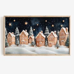 a painting of houses in the snow with trees and stars on it's sides