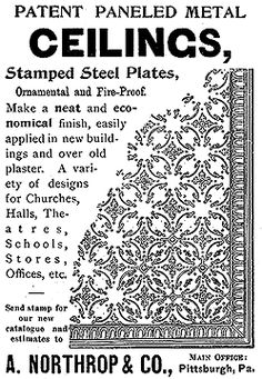 an advertisement for the northrop & co pattern paneled metal ceilinging, stamped steel plates