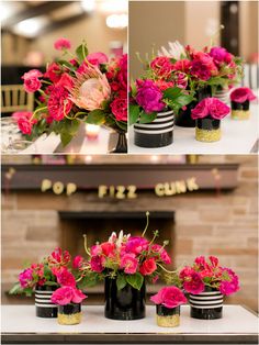 four different shots of flowers in black vases