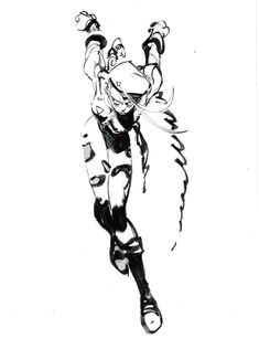 a black and white drawing of a woman running with her legs spread out in the air