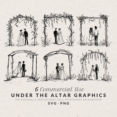 six hand drawn illustrations of people under the altar archs for wedding and professional use