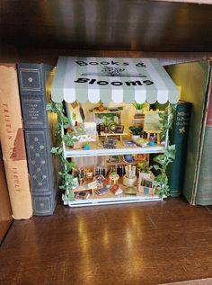 an open book shelf with books on it and a small doll house in the middle