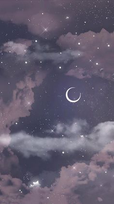 the night sky is filled with stars and clouds, as well as a crescent moon