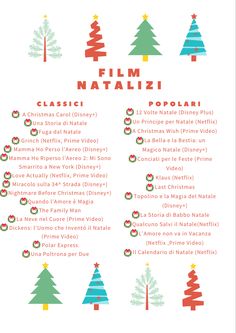 the christmas movies list is shown in red, green and blue with trees on it