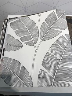 a drawing of a leaf is shown in black and white on a piece of paper