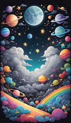 an image of planets and stars in the sky with rainbows, clouds, and trees