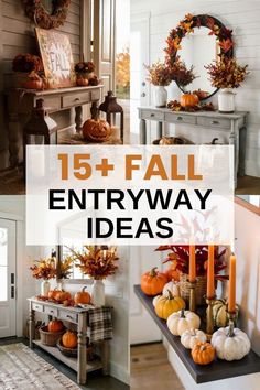 fall entryway decor with pumpkins, candles and wreaths on the table in front of