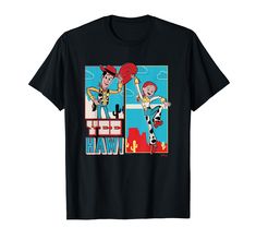 a black t - shirt with an image of two cartoon characters, one in the air and