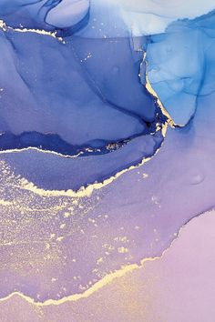 an abstract painting with blue and purple colors on the water's surface, as well as gold flecks