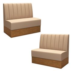 two wooden chairs with beige upholstered seats on each one and the other side