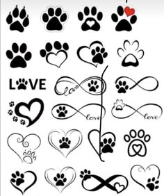 dog paws and hearts with love written on them