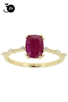 1.65ct Rectangular Cushion Red Ruby And 0.04ctw Round White Diamond Accent 10K Yellow Gold Ring. Measures Approximately 0.27"L X 0.33"W. Red Baguette Cut Diamond Accent Rings, Rectangular Cushion, Red Ruby, Yellow Gold Ring, 10k Gold, Yellow Gold Rings, White Diamond, Gold Ring, Gold Rings