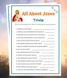 "All About Jesus Trivia, Bible Games, Bible Quiz, Bible Trivia, Jesus Trivia for Kids and Adults, Sunday School Games, Bible Quiz Printable WHAT YOU GET: 1 Printable Bible Games Template in Size: 5 × 7\" and 8.5 x 11\"  (2 per page) 1 Answer Key Template HOW IT WORKS: After purchase, you will receive a download link where you will access your PDF files in Size: (5 × 7\") and (8.5 x 11\" - 2 per page) that you can print at home or at the printing shop. You will also receive an email from Etsy with your download(s) or feel free to log in to your account to access your downloads at any time. It is as simple as that. They print beautifully! READ THIS FIRST! --THIS IS A DIGITAL DOWNLOAD. NO PHYSICAL ITEM WILL BE SHIPPED TO YOU.  -- THESE ARE NOT EDITABLE FILES. DOWNLOAD & PRINT AS IT IS --WE DO Bible Emoji Game, Lds Trivia Questions And Answers, Bible Trivia For Adults, Bible Quizzes With Answers, Bible Trivia For Kids, Bible Trivia Questions And Answers, Bible Jeopardy, Bible Emoji, Bible Quiz Games