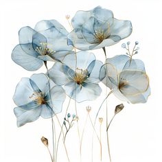 blue flowers with gold stems on a white background are featured in this watercolor painting